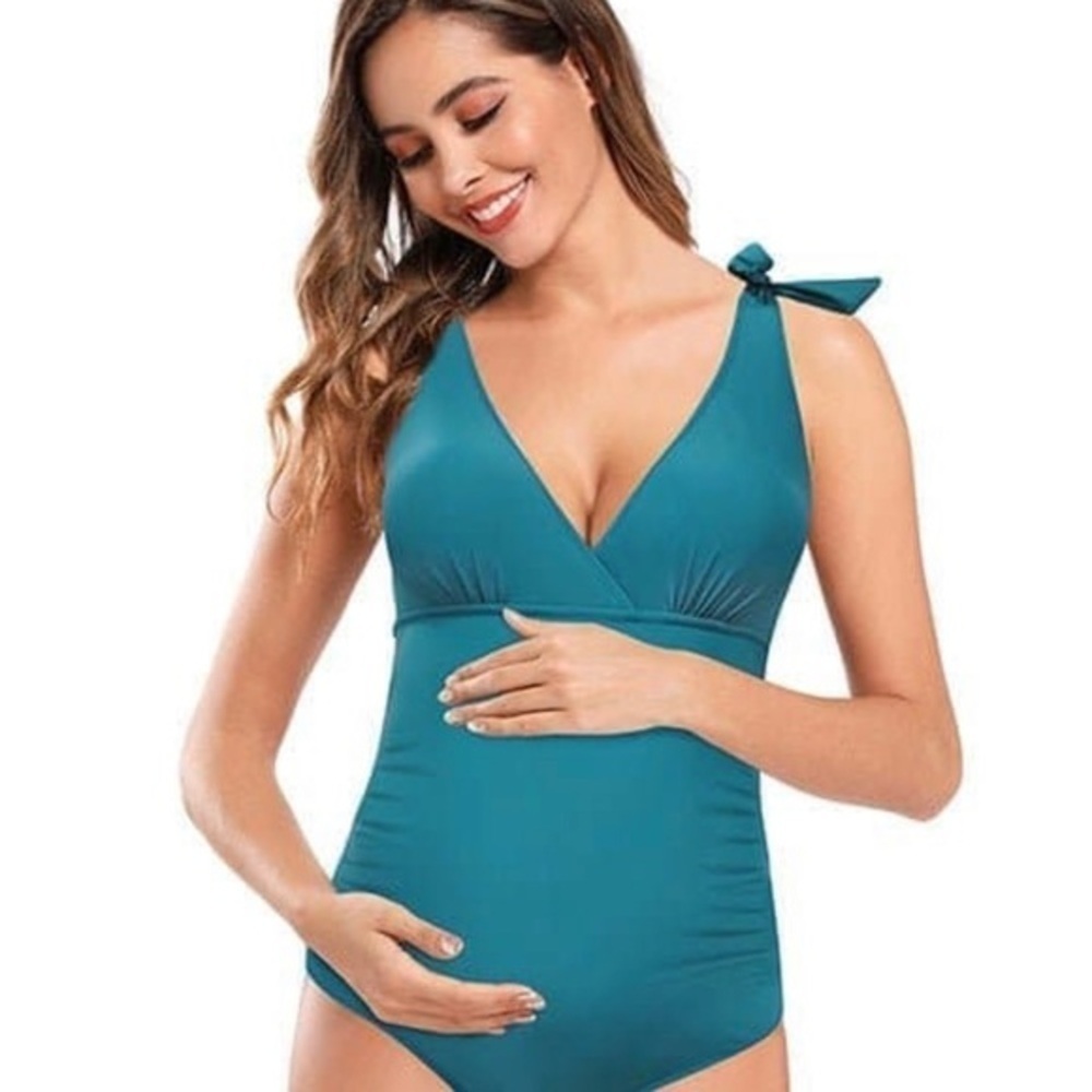SHEKINI V Neck Shirred Tie Maternity One-Piece Swimsuit Size Medium Deep…​​​​​